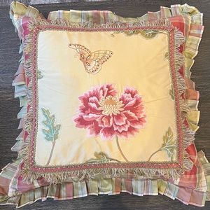 Beautiful embroidered floral plaid silk pillow 16 x 16 deep pink, green, yellow
